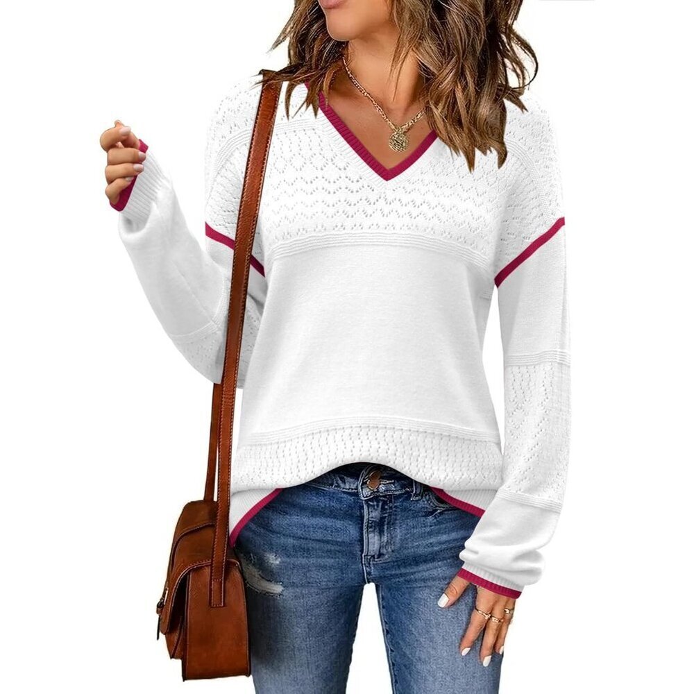 Women's Lightweight Knit Sweater V Neck Long Sleeve Casual Pullover